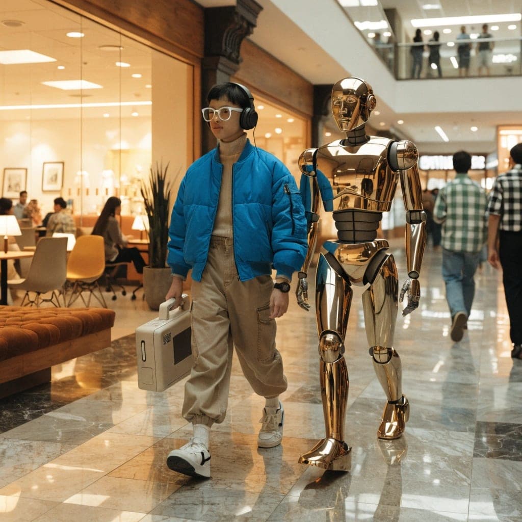 A dim, empty mall corridor; a small wheeled service robot keeps a steady four-foot distance beside an unseen visitor.