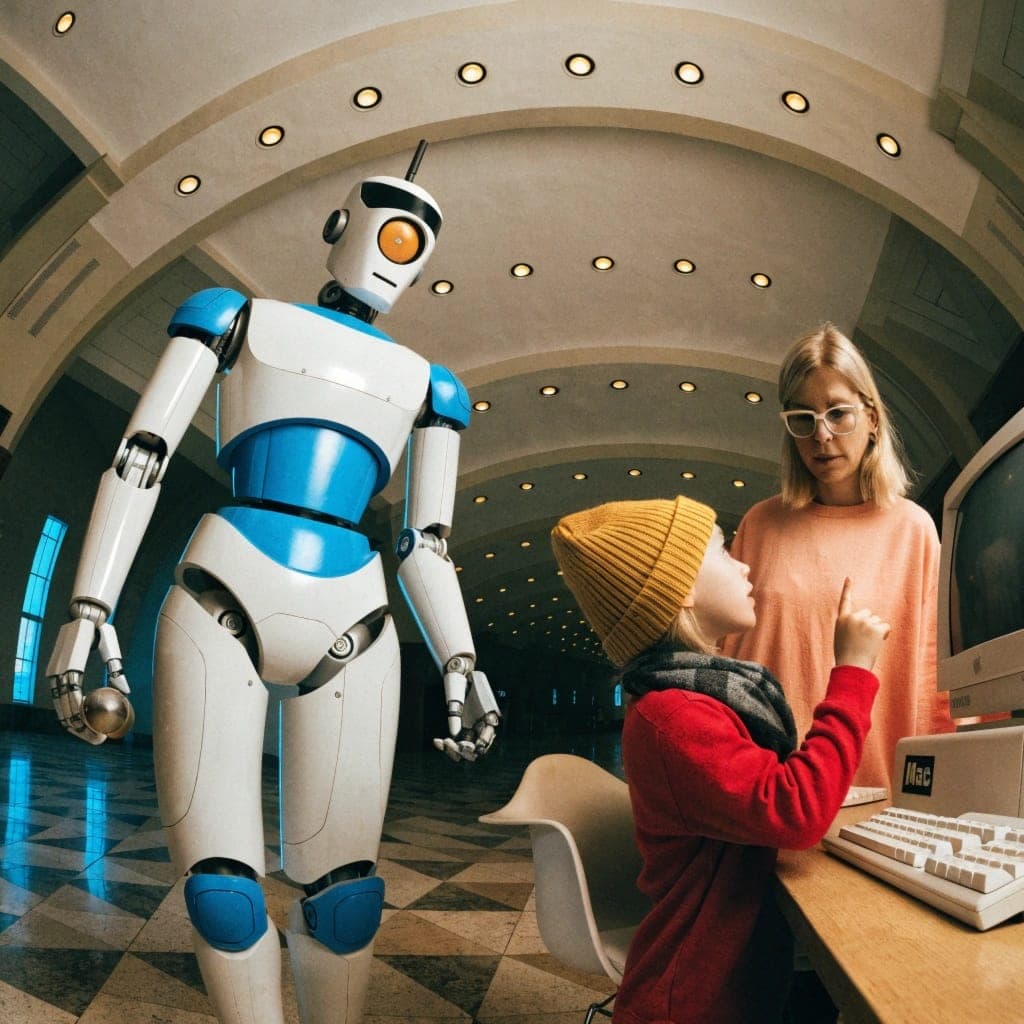 A retail service desk staffed by two small robots — one turned to receive customers, the other turned to face the empty mall.